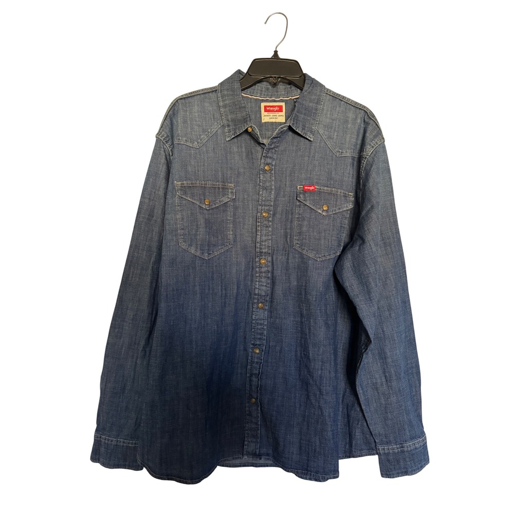 Wrangler Mens Blue Denim Pearl Snap Western Shirt XL Long Sleeve Front Pockets